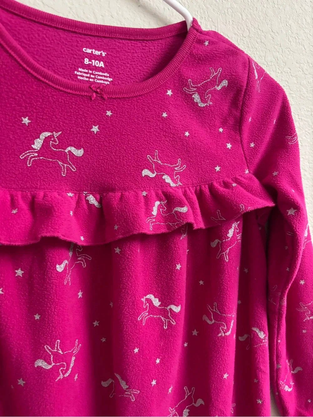 Girls Pink Sparkly Unicorn Star Fleece Nightgown Pajamas with Ruffle Size 8-10